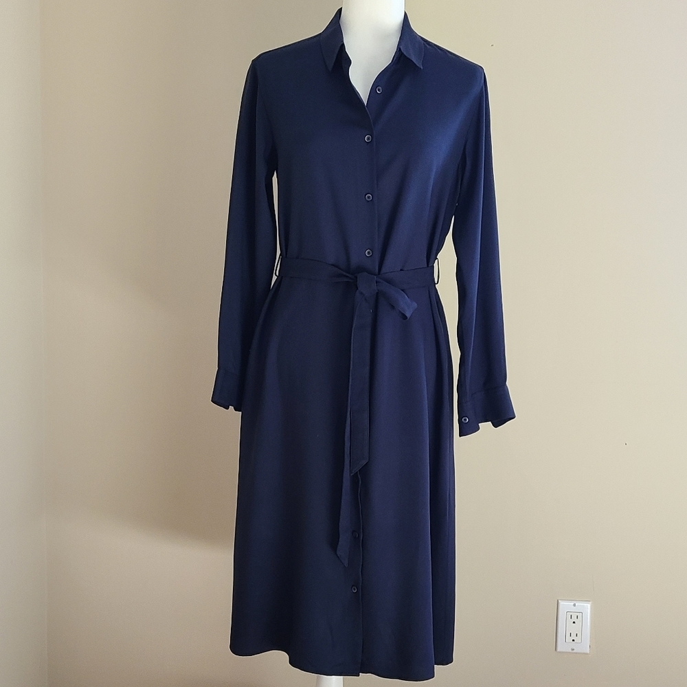 Uniqlo Navy Rayon Midi Shirt Dress w/ Pockets & Tie Belt | Size S